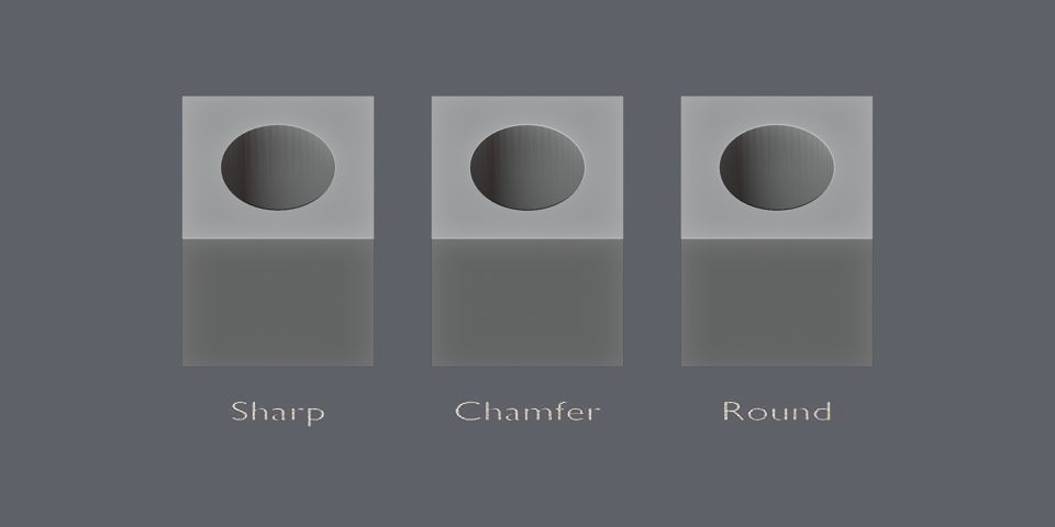 The same boolean cut shown three times with sharp, chamfered and rounded edge treatments