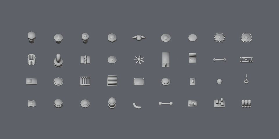 A contact sheet of all 36 procedural kit-bash parts