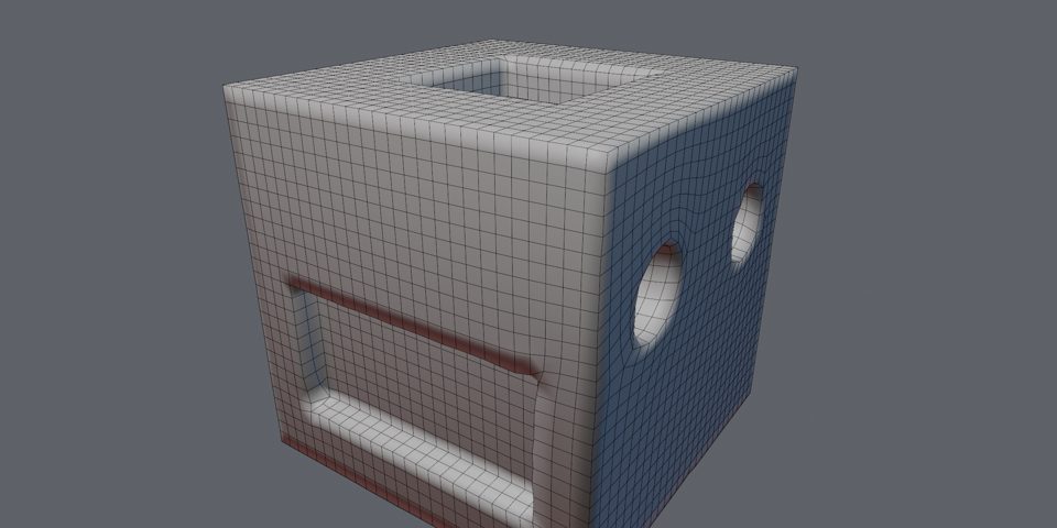 A sculpted mechanical form after one-click QuadriFlow retopology, shown in quads