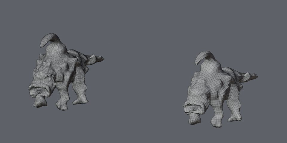An AI-generated creature mesh before and after retopology