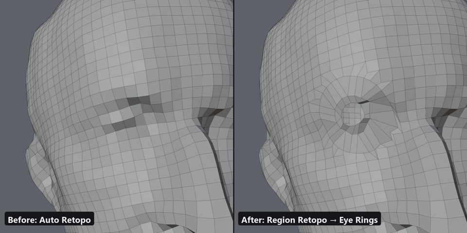 An eye socket before and after a targeted region rebuild showing concentric edge rings