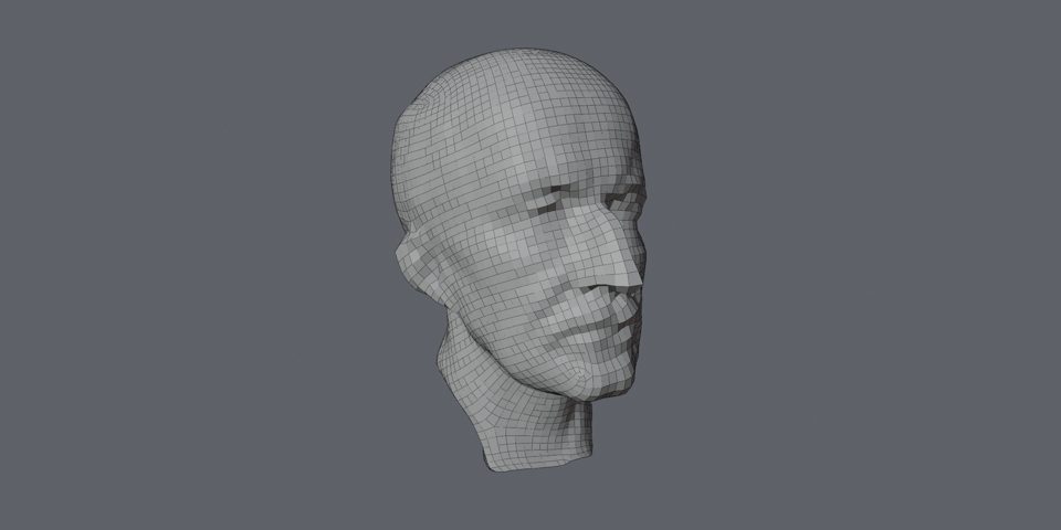 Wireframe view of a retopologised head showing even quad distribution