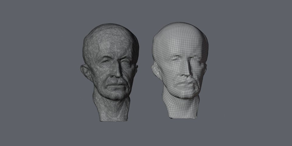 A raw 3D scan on the left and the same model rebuilt as clean all-quad topology on the right